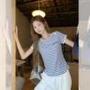 Korean striped contrasting color embroidered short-sleeved t-shirt women's summer new loose and thin niche design top