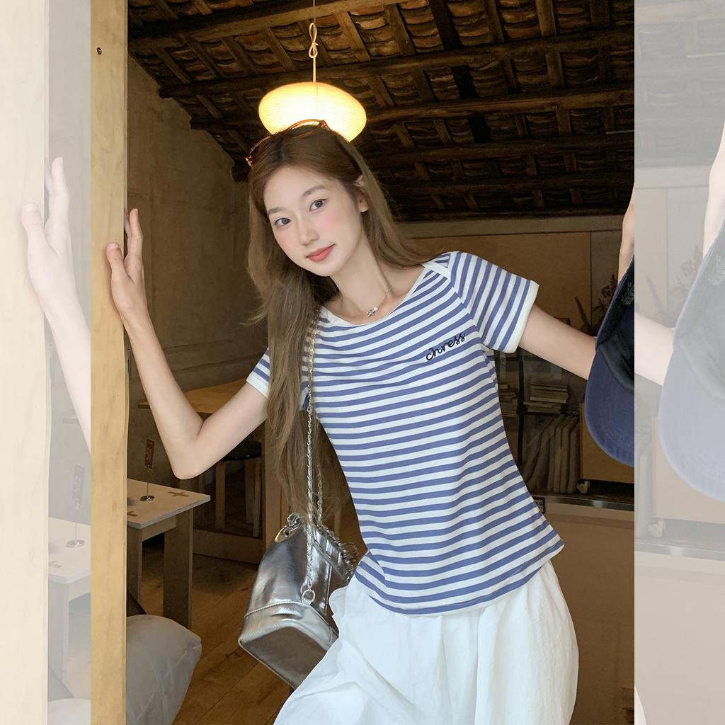 Korean striped contrasting color embroidered short-sleeved t-shirt women's summer new loose and thin niche design top
