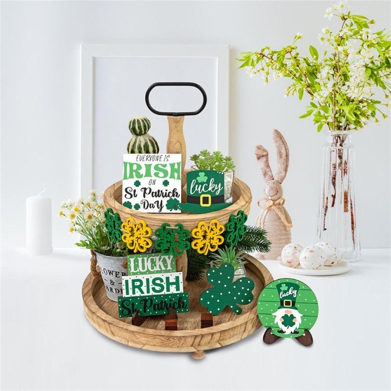 Patrick's Day Tiered Tray Decorations Gnome Leprechaun's Hat Shamrock Wooden Signs Decorations for Patrick's Day Decor