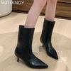 fashion Women Leather Chelsea Boots Pointed Toe Sexy Heels Shoes Mid Calf 2024 Trend New Snow Boots Low Heels Goth Fashion Mujer Botas