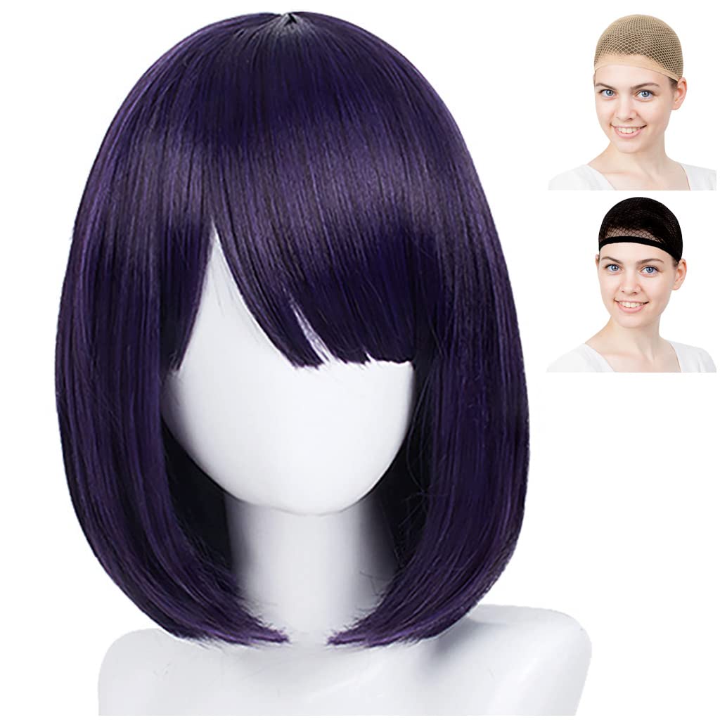 CaseEden Cosplay Wig, Short Bob, 35cm, Heat Resistant, Dark Purple, Includes 2 Wig Nets