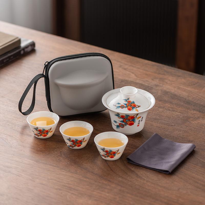 Travel Tea Set Cover Bowl Teacup Portable Express Cup Outdoor Kung Fu Tea Set Suet Jade White Porcelain Companion Gift