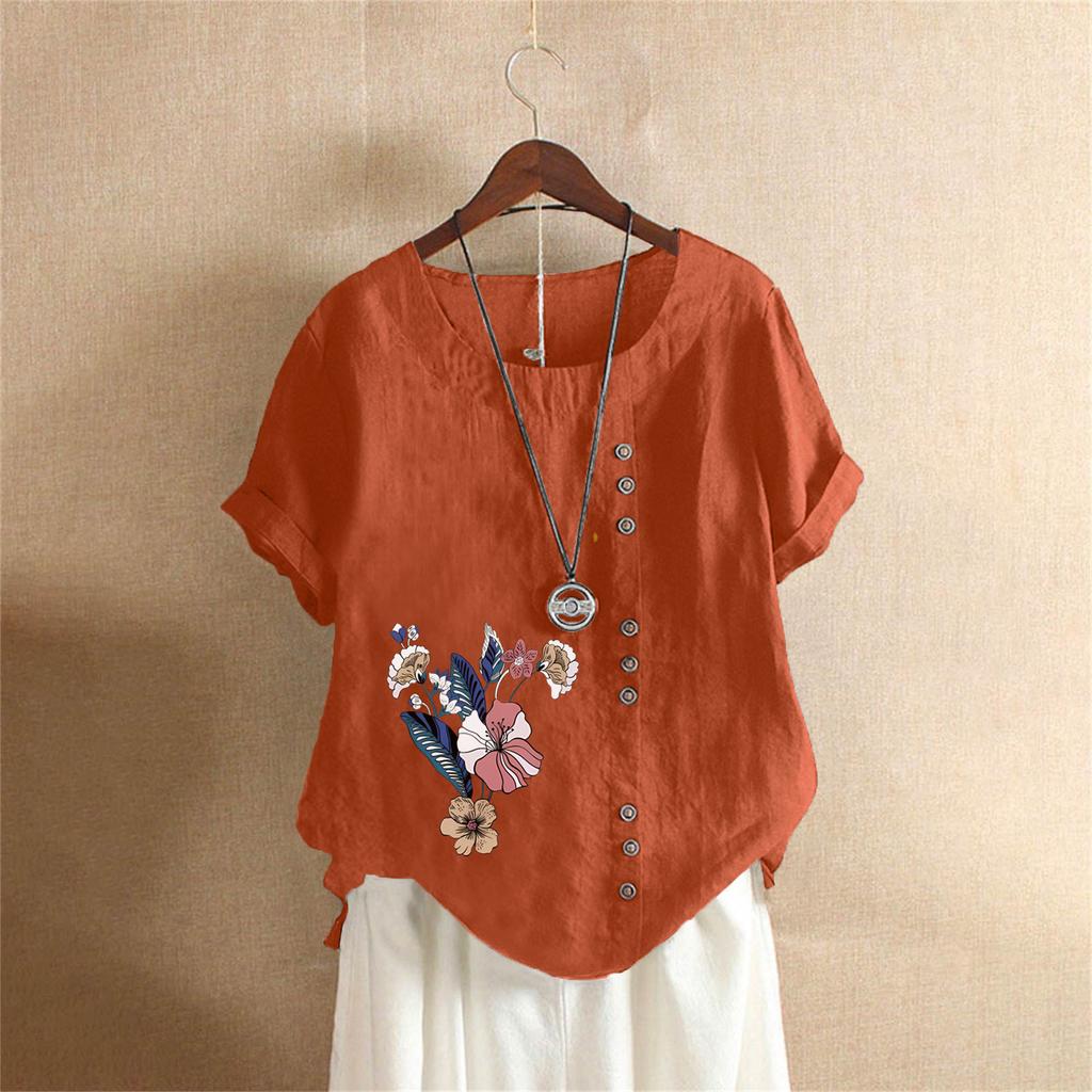 Letnia oversize'owa bawełniano-lniana koszulka z krótkim rękawem, Bawełniano-lniana drukowana oversize'owa odzież damska