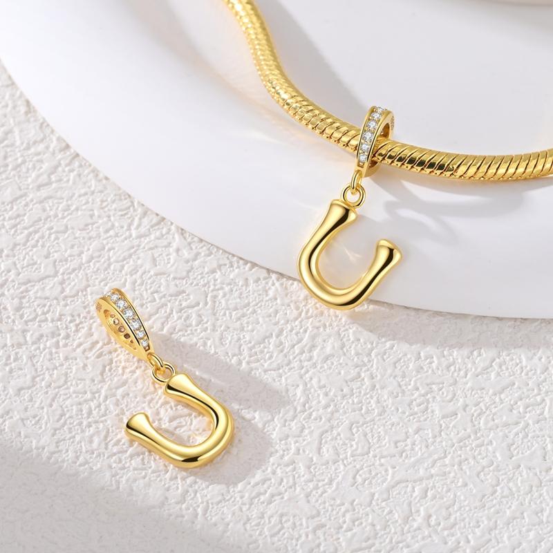 Copper Charms Golden Zircon Alphabet A-Z Beads Pendants Dangles Fit Original Charm Bracelet Women Diy Gift Jewelry