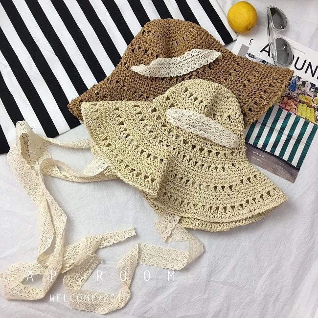 Lace Strap Fisherman Straw Hat Female Summer Eaves Sunshade Travel Straw Folding Beach Sun Hat