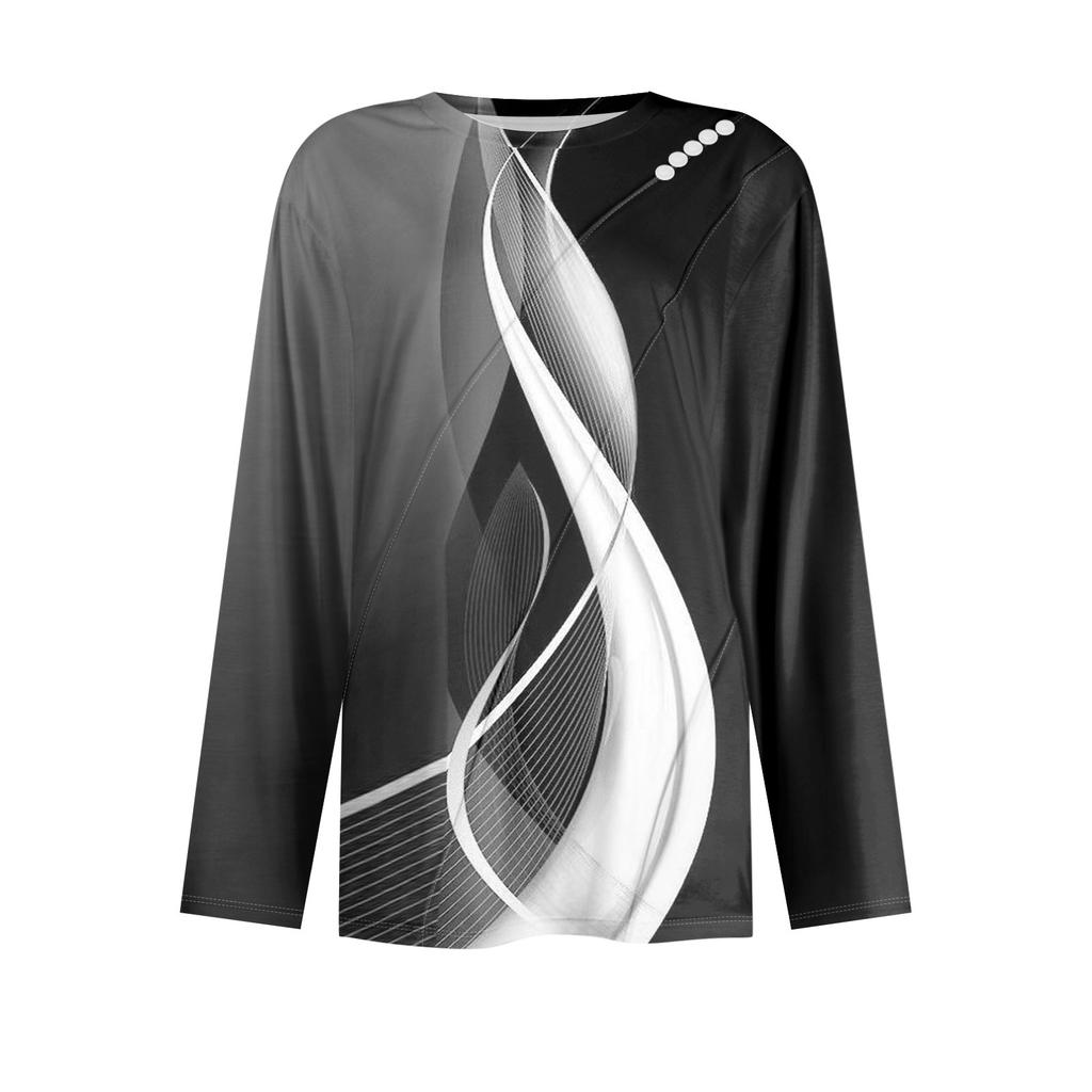 Dámský volný ležérní top s dlouhým rukávem, kulatým výstřihem, knoflíky, pruhovaným potiskem, tričko