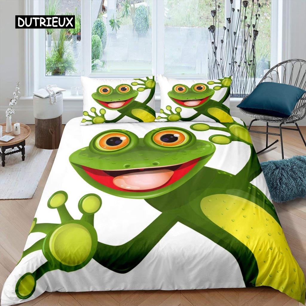 Cartoon Frog Duvet Cover Set Light Green Cartoon Frogs Cute Dragonfly Animal Bedding Set for Kid Twin Size Polyester Quilt Cover