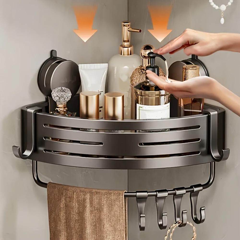 Triangular Space-Saving Suction Cup Bathroom Storage Shelf No Drilling Required Multifunctional Storage Organizer with Hooks