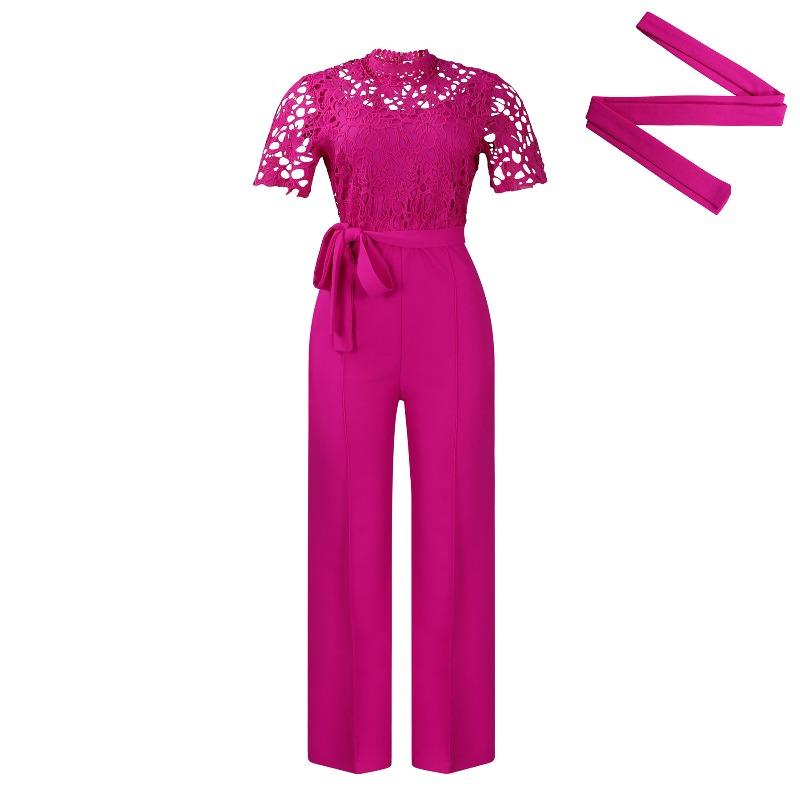

Women s Sexy Lace Hollow Short Sleeve Strap High Waist Wide Leg Jumpsuit XXXL рожевий червоний колір