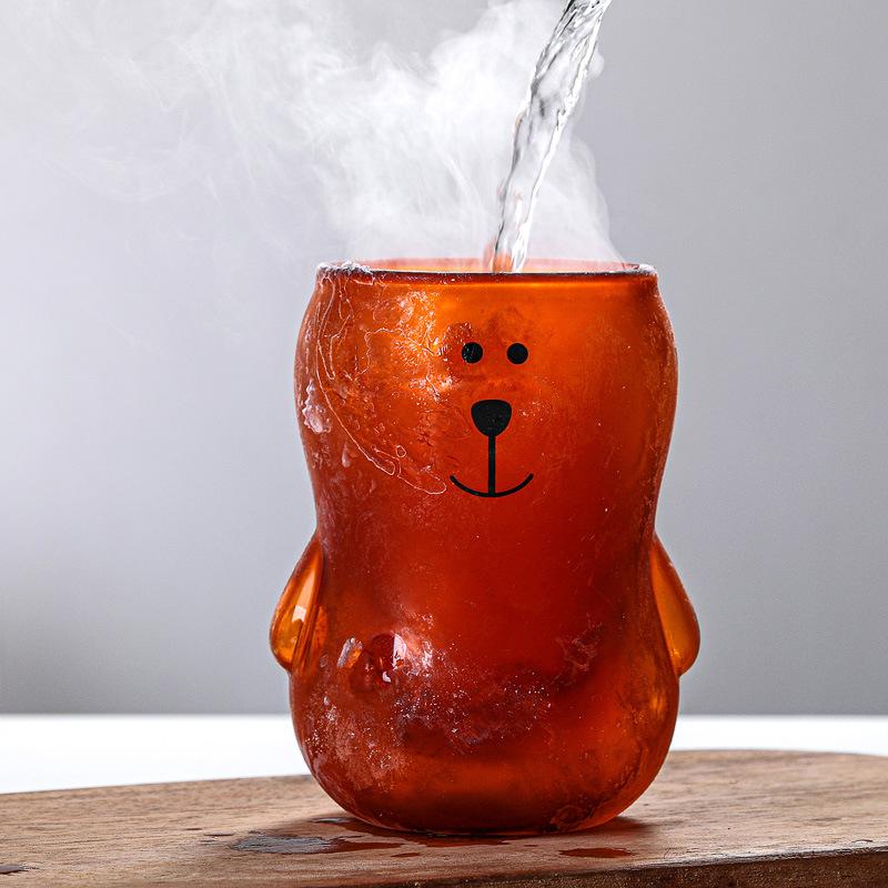 Tasse à café créative 300 ml avec couvercle en verre transparent, motif ours ambré, motif ours mignon