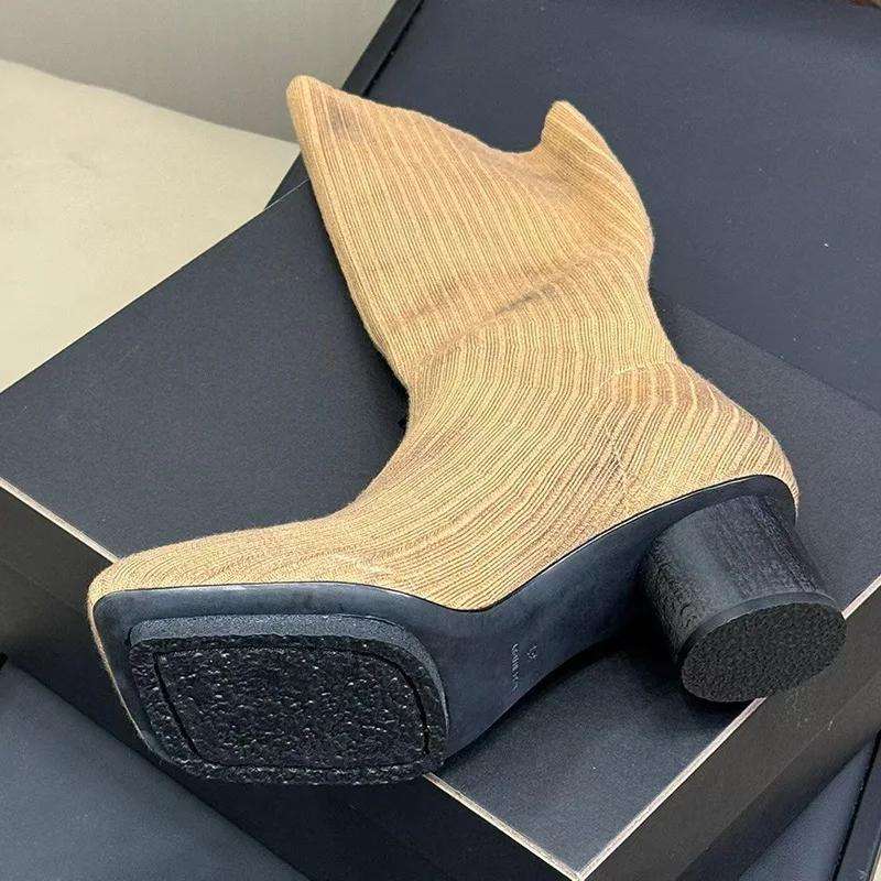 Pointed Elastic High Heel Socks Boots Women's Shoes 2025 Trends Knitted Breathable Slim Thick Heel Short Boot Black Sexy