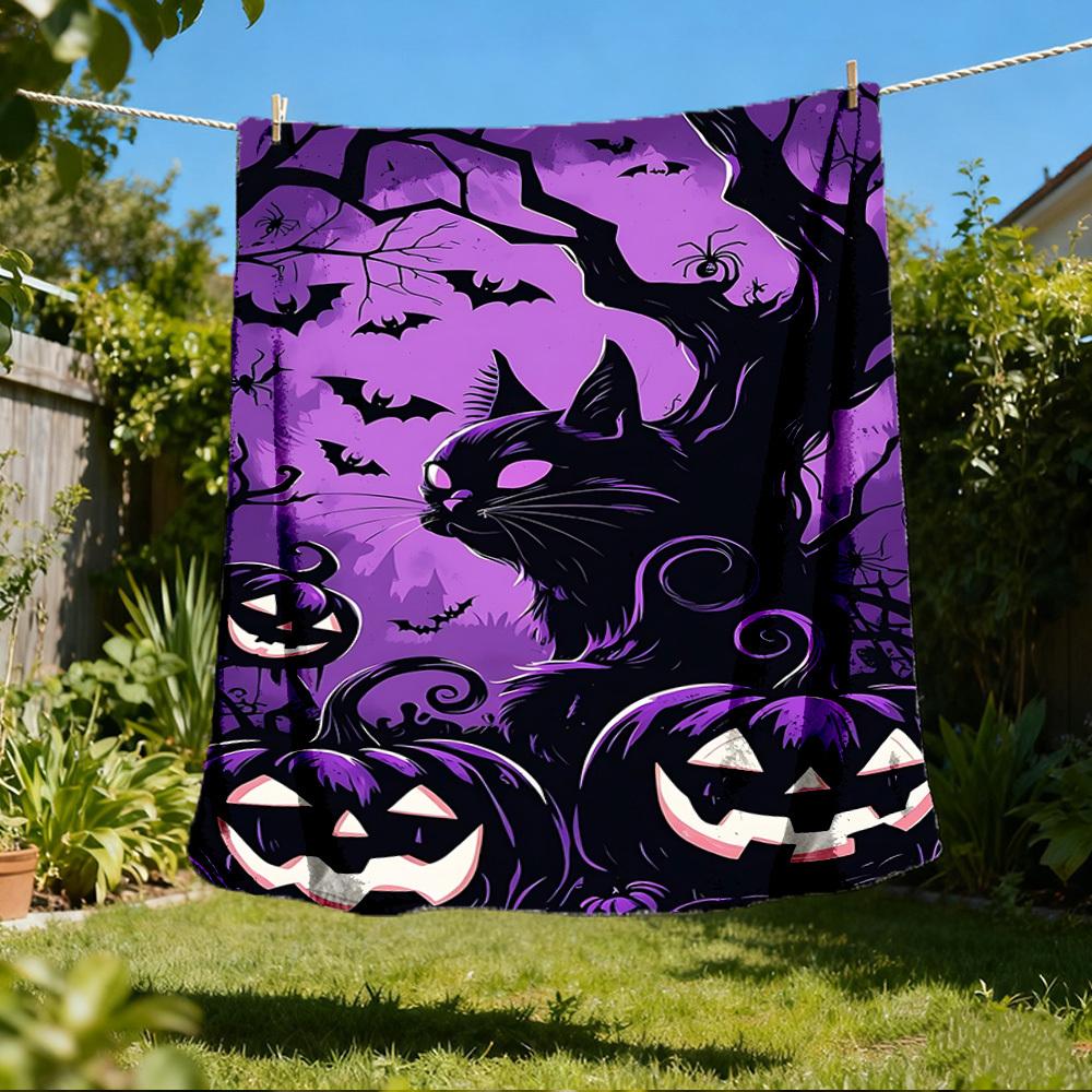 1pc Spooky Pumpkins Throw Blanket Polyester Fiber, Lightweight Flannel, Soft & Warm, All Season Use for Outdoor, Camping Digital Print