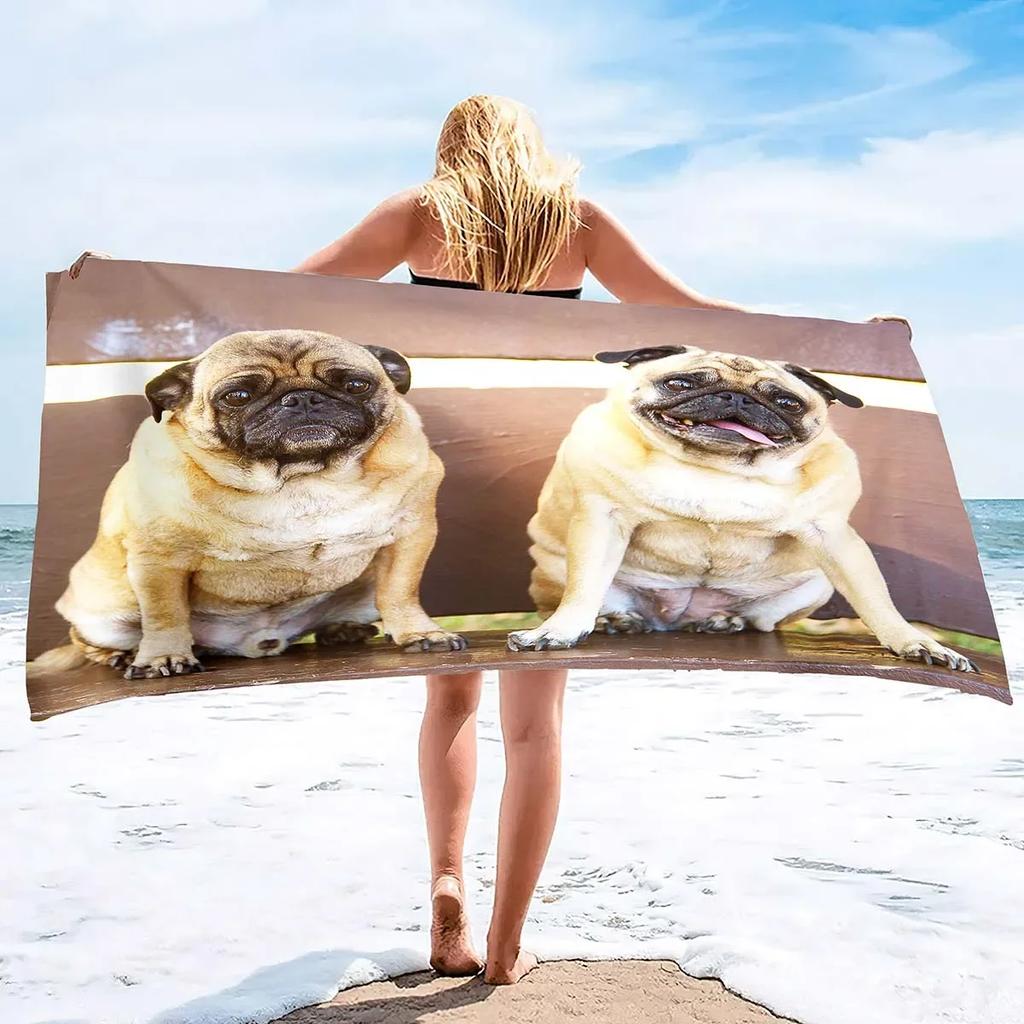 Microfiber Lightweight Thin Beach Towels for Adult and Kid Compact Personalized Sand Free Swim Pool Blanket Pug-dog puppy Print
