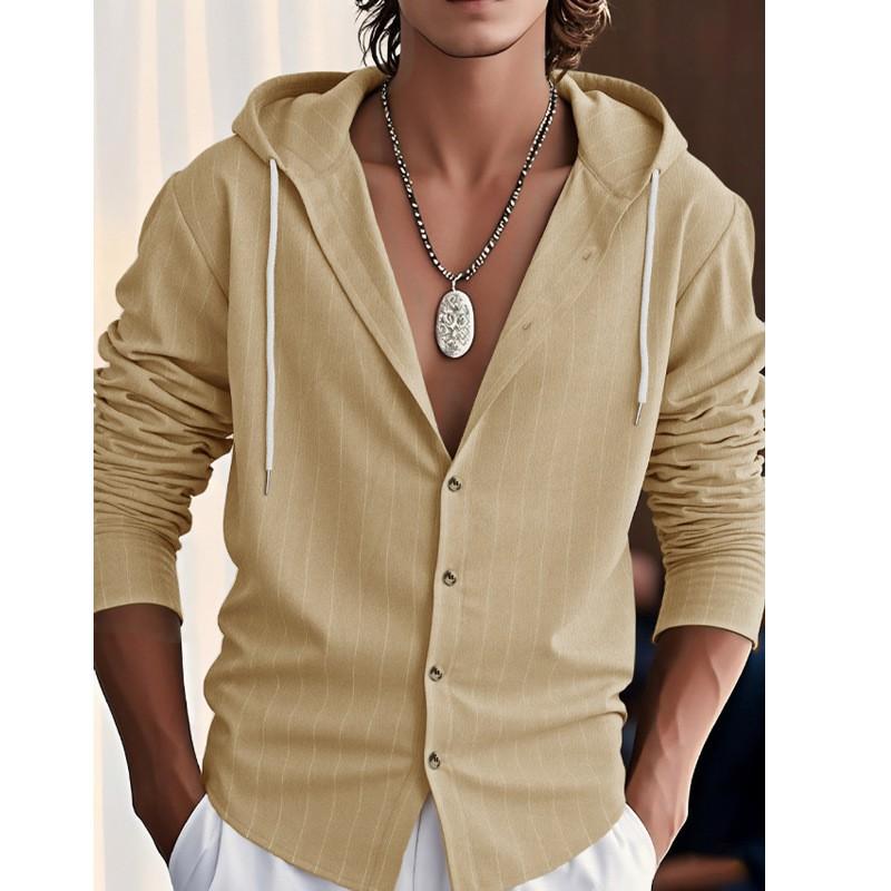 Mens Striped Hooded Linen Blend Long Sleeve Shirt Casual Loose Fit Beach Top