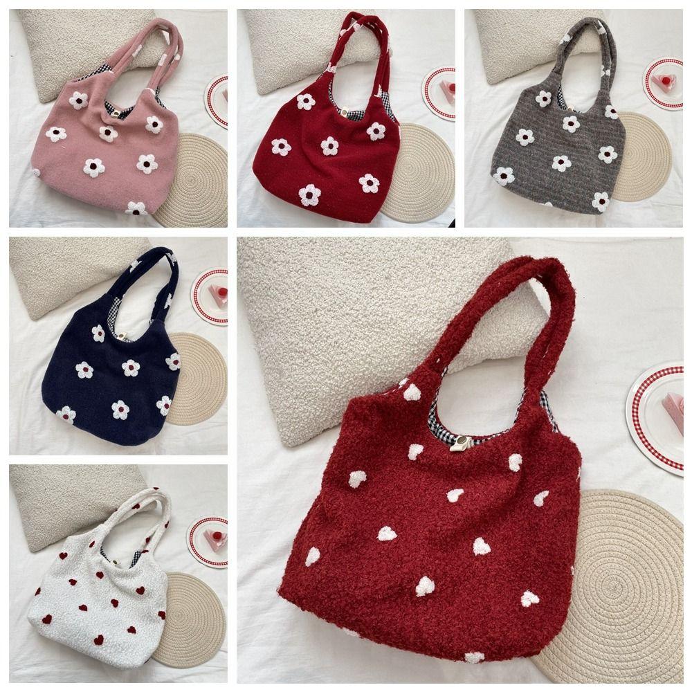 Cusual Embroidery Flower Tote Bag Large Capacity Fluffy Shoulder Bag Plush Underarm Bag Travel