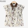 ZANZEA Women Turn Down Collar Loose Summer Short Sleeve Print Blouse