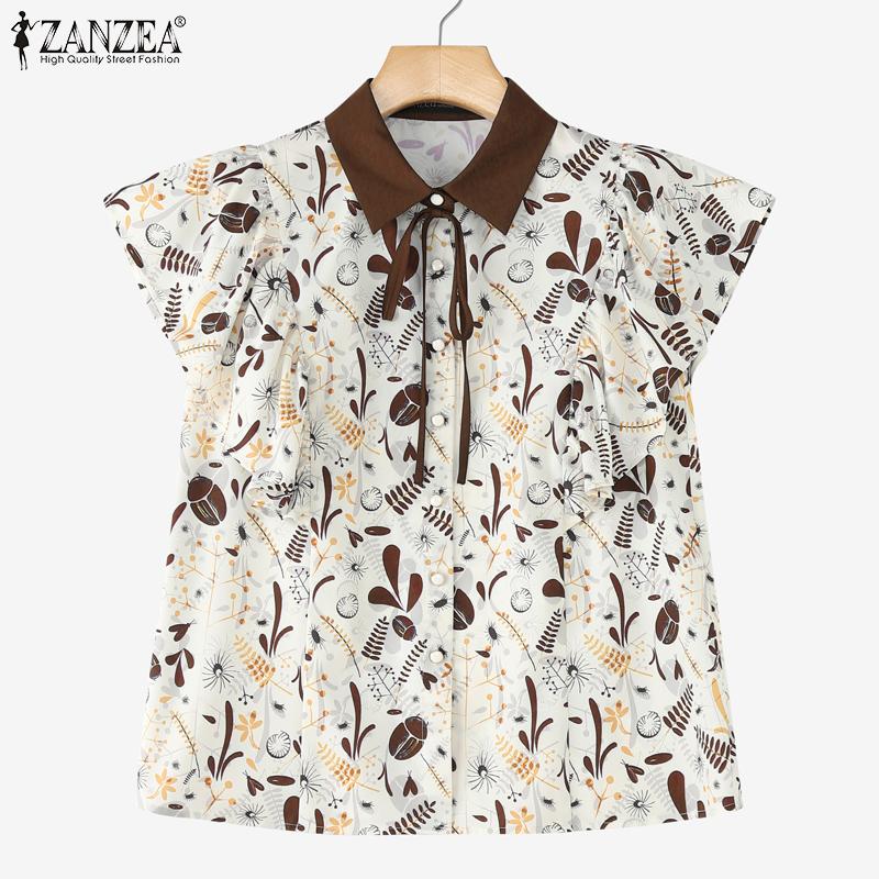 ZANZEA Damen Umlegekragen Locker Sommer Kurzarm Print Bluse