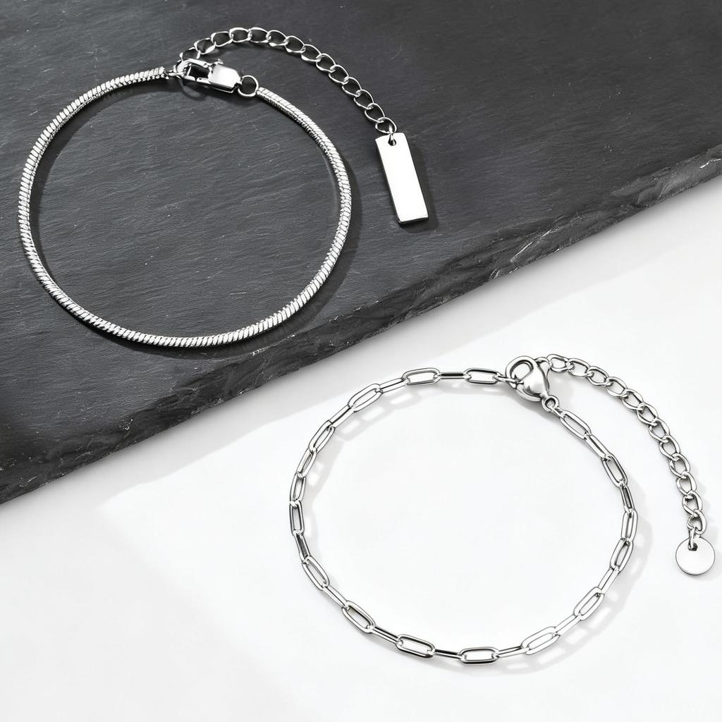 2pcs Minimalist Sanke Chain Bracelet for Men Women,Stainless Steel Thin Link Wristband,Casual Trendy Unisex Jewelry Gift