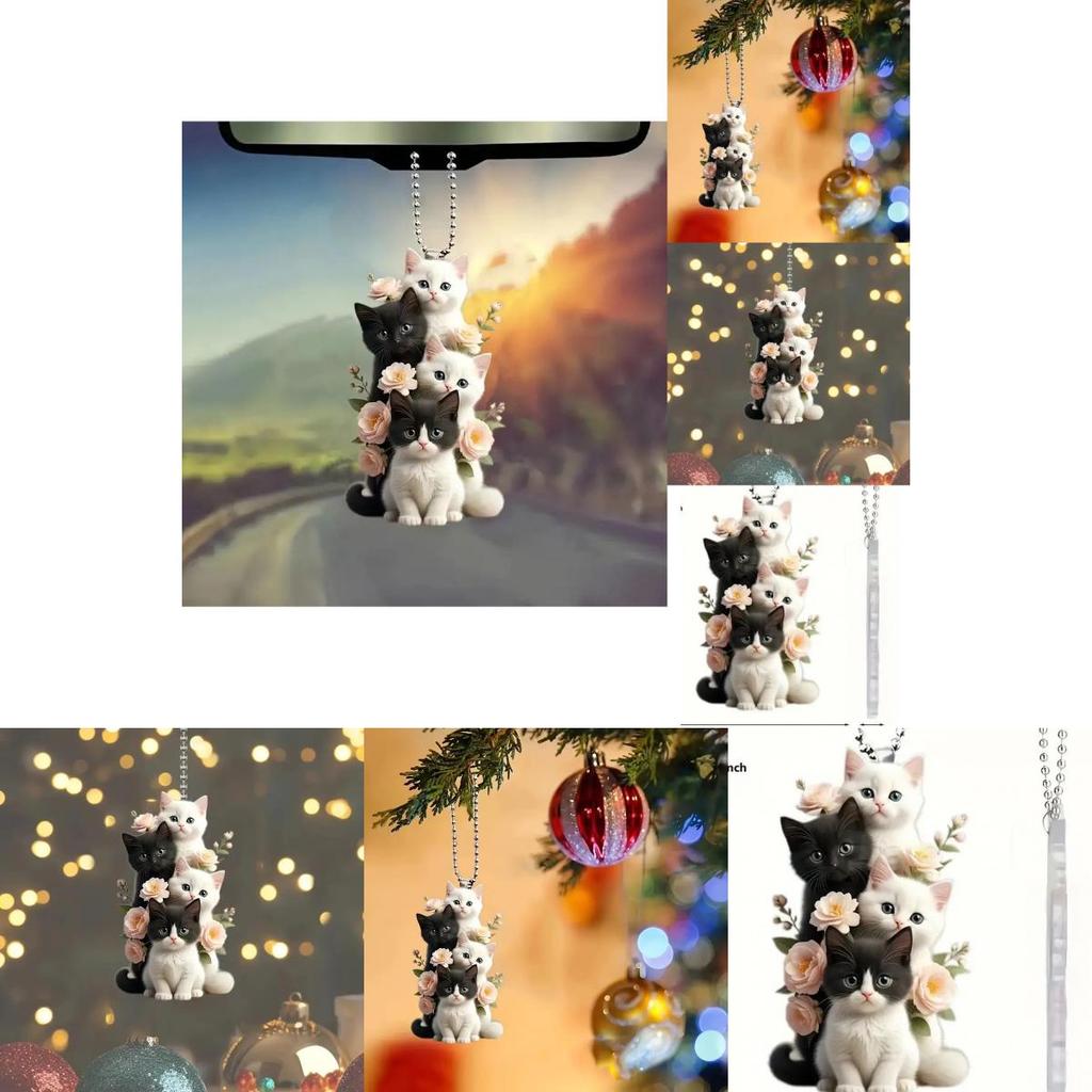 Charming 2d Acrylic Cream Cat Hanging Ornament For Car Rearview Mirror Decor