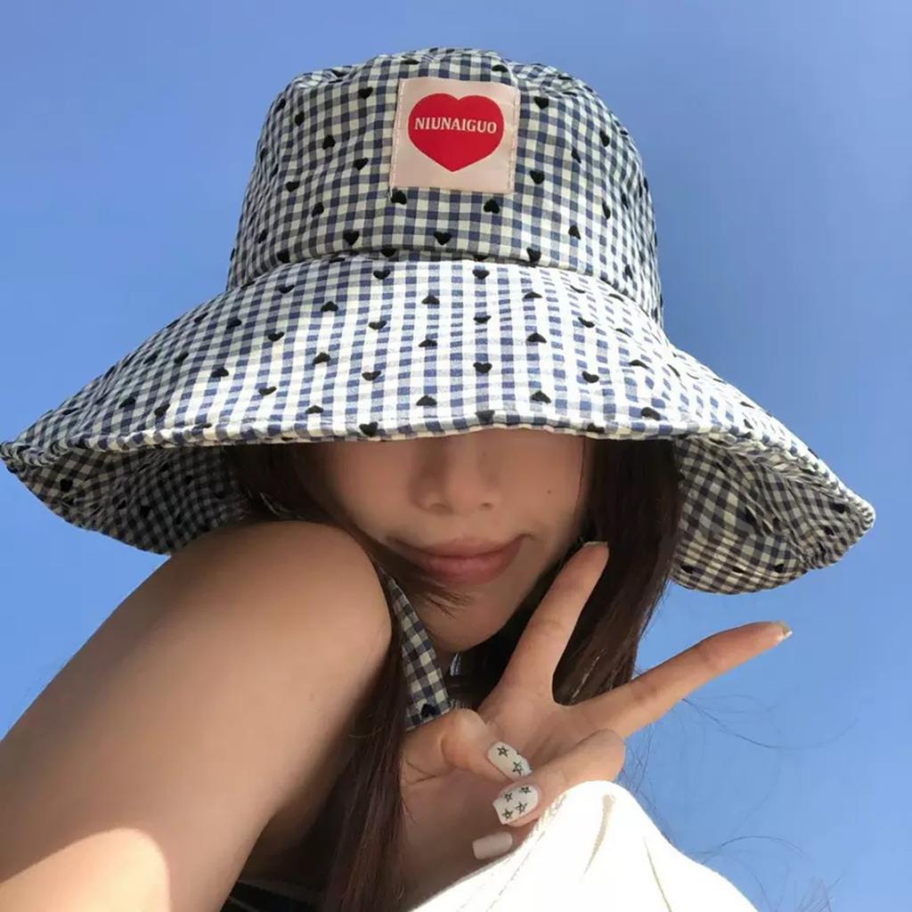 Fashion Plaid Fisherman Hat for Women Black Heart Summer Wide Brim Sunshade Dome Basin Cap Korean Ladies Travel Lacing Hat