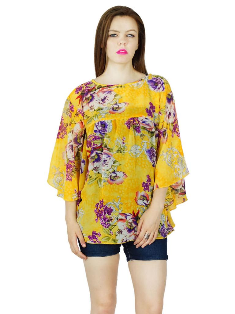 Bimba Women Yellow Custom Georgette Top Kimono Sleeve Floral Blouse Tunic