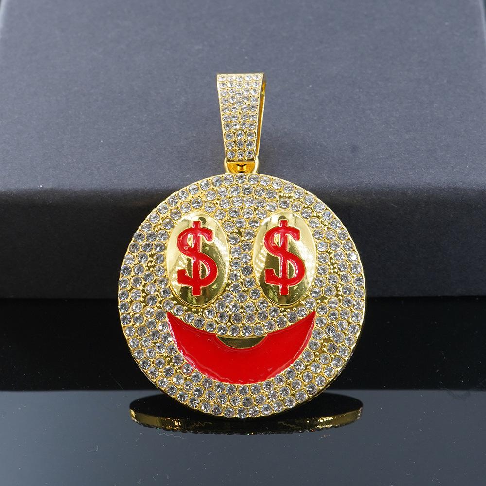 Hip Hop New Product Full Diamond Smiling Face USD Alloy Pendant Personalized European and American Men's Cuban Chain Rock Bounce Di Necklace