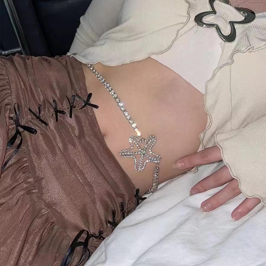 

Rhinestone Pentagram Belt & Diamond-studded Crop Top Body Chain Accessory золотой