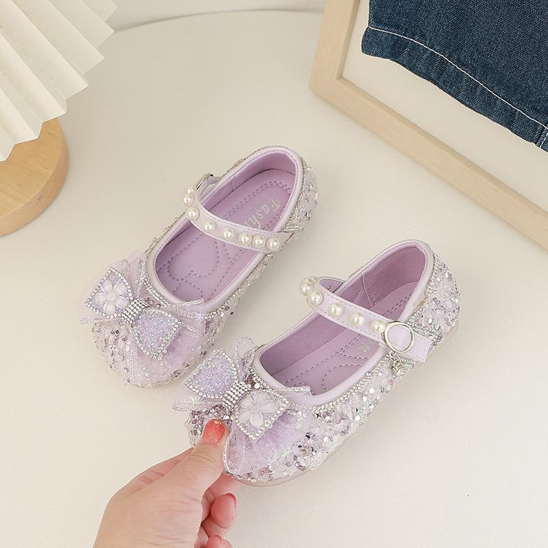 Girls Mary Janes for Party Wedding Shows Bow Sequined Rhinestones Shallow Children Fashion Versatile Soft Kids Casual Shoes 2024