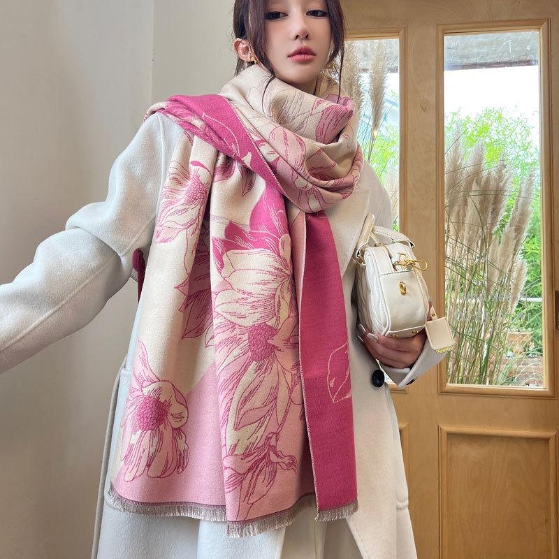 Autumn and winter scarf women's magnolia floral imitation cashmere jacquard shawl high-end scarf thickened warm scarf