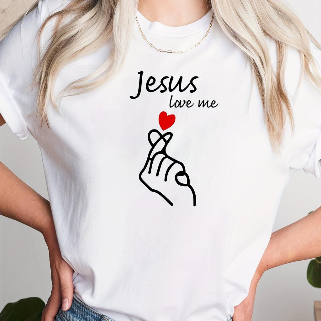Summer Womens Fashionable Jesus Loves Me Heartshaped Printed Casual and Comfortable Loose Round Neck Short Sleeved Tshirt Top