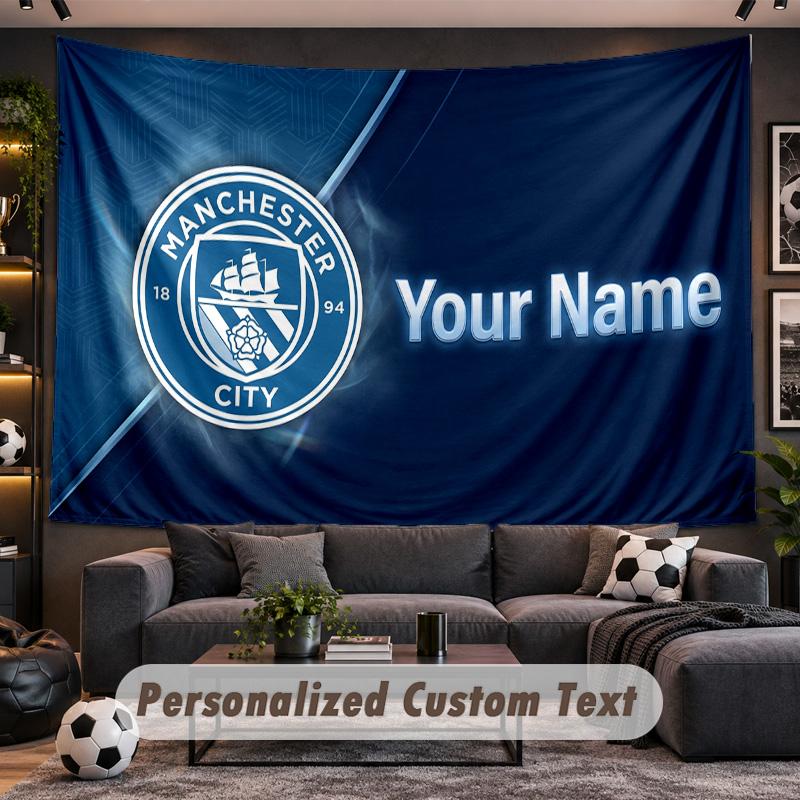 Manchester City Personalized Tapestry Support Custom Name, Wall Art Home Decoration