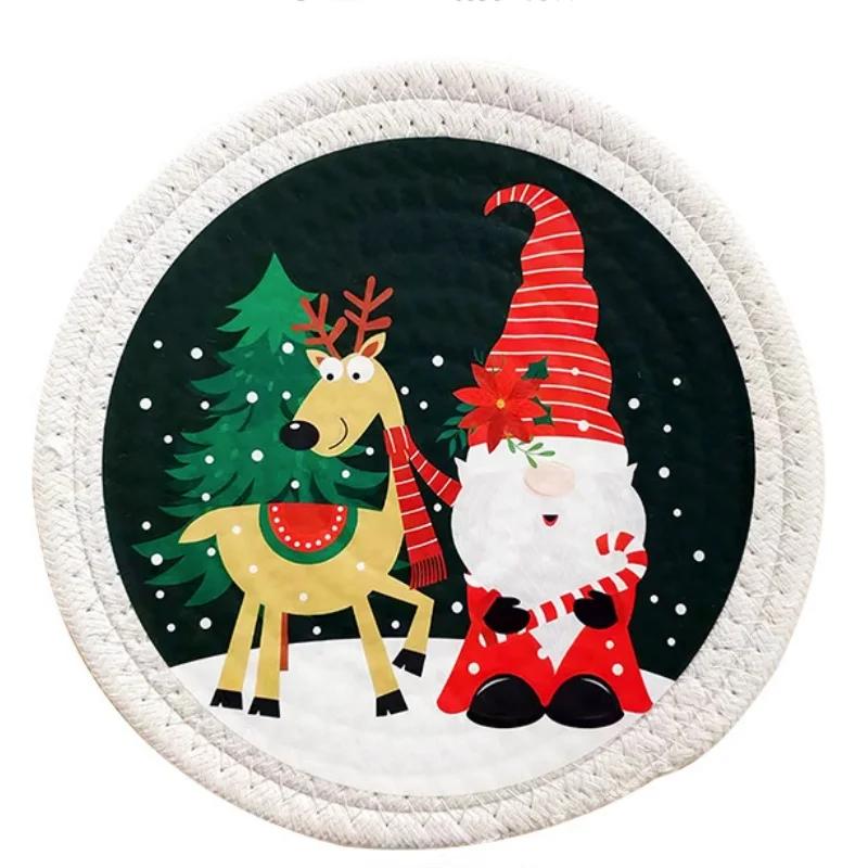 Christmas Printed Round Coasters Elf Snowman Insulated Non-slip  Anti-scald Woven Mat Home and Decoration Kitchen Utensils