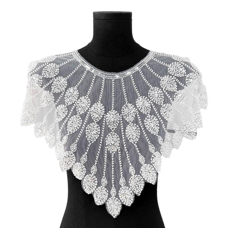 Beaded Sequins Sew on Collar Patches for Wedding Dress Evening Gown Embroidered Beads Sequins Sew on Patches Applique