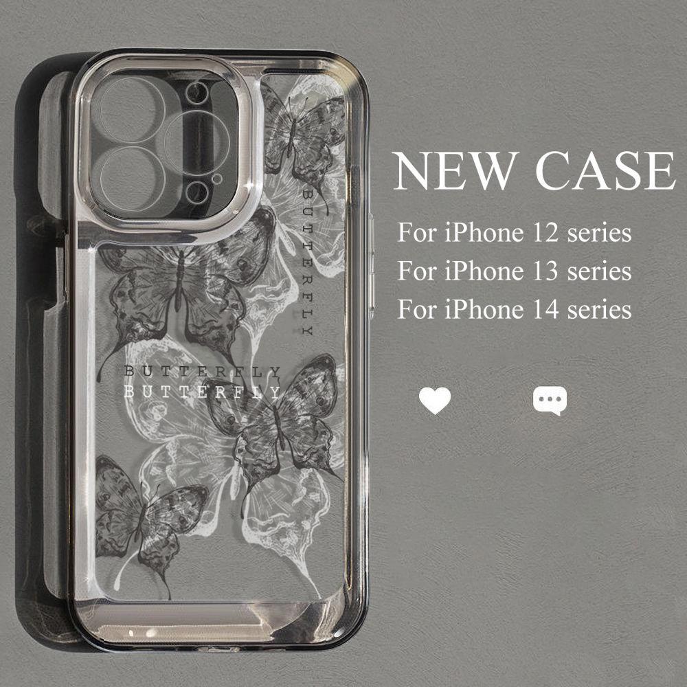 Black butterfly line for iPhone17PorMax transparent phone case 16Pro Apple 15 all-inclusive 13/14