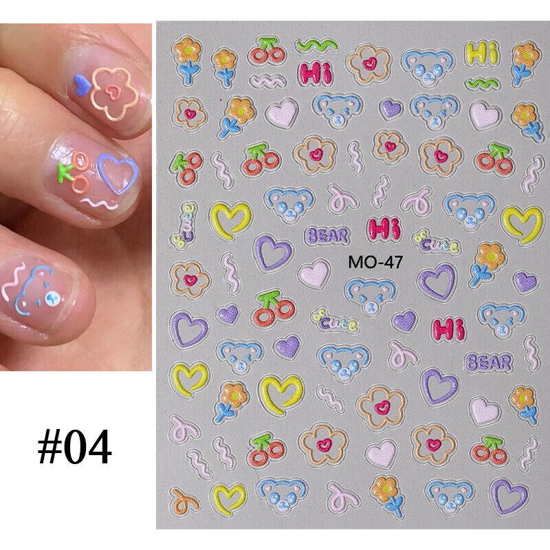5D Nagelaufkleber mit Cartoon-Prägung und bunten Herzmustern, kindliche Aufkleber