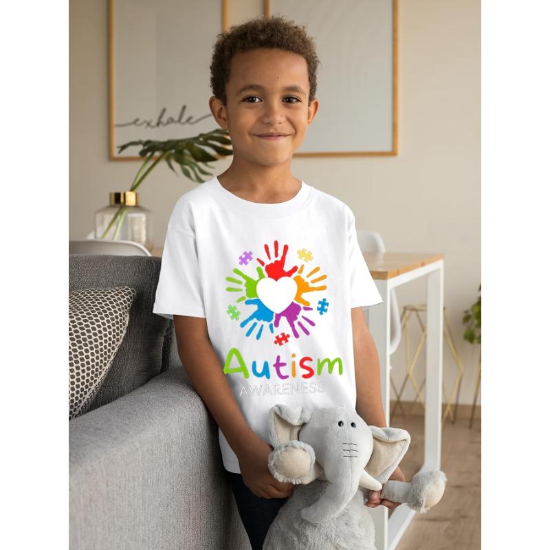 

European Size Childrens Autism Awareness T Shirt Suitable for Boys and Girls Puzzle Pieces and Rainbow Handprint Design Short Sleeved Casual Shirt 164cm білий