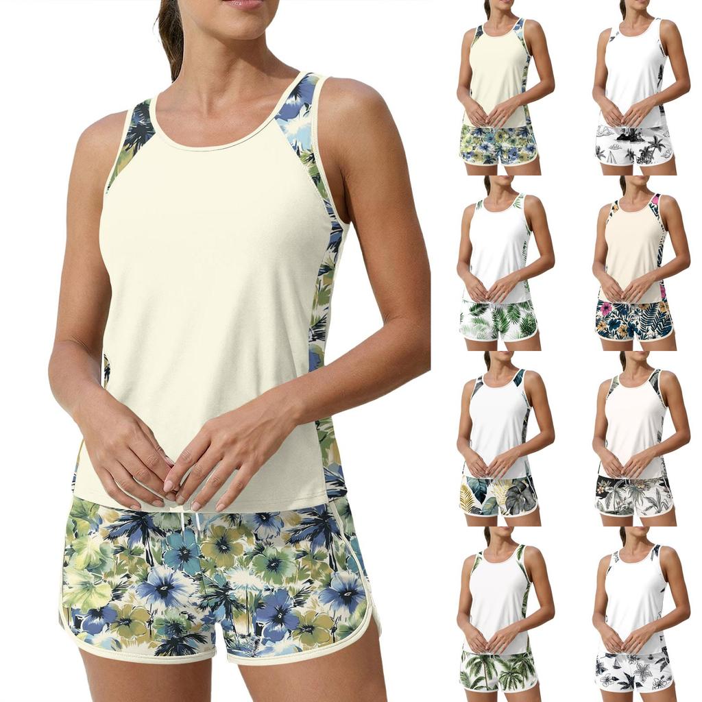 Women’s Two Piece Tankini Swimsuit Set with Sleeveless Top and Printed Shorts Athletic Swimwear for Beach Pool