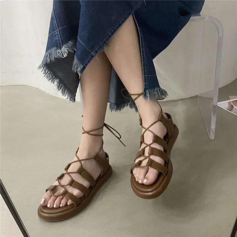 Summer Women's Flat Sandals Band Straps Solid Ankle Lace Shoes Women Dress Retro Rome Classic Summer Leisure Sandalias De Mujer