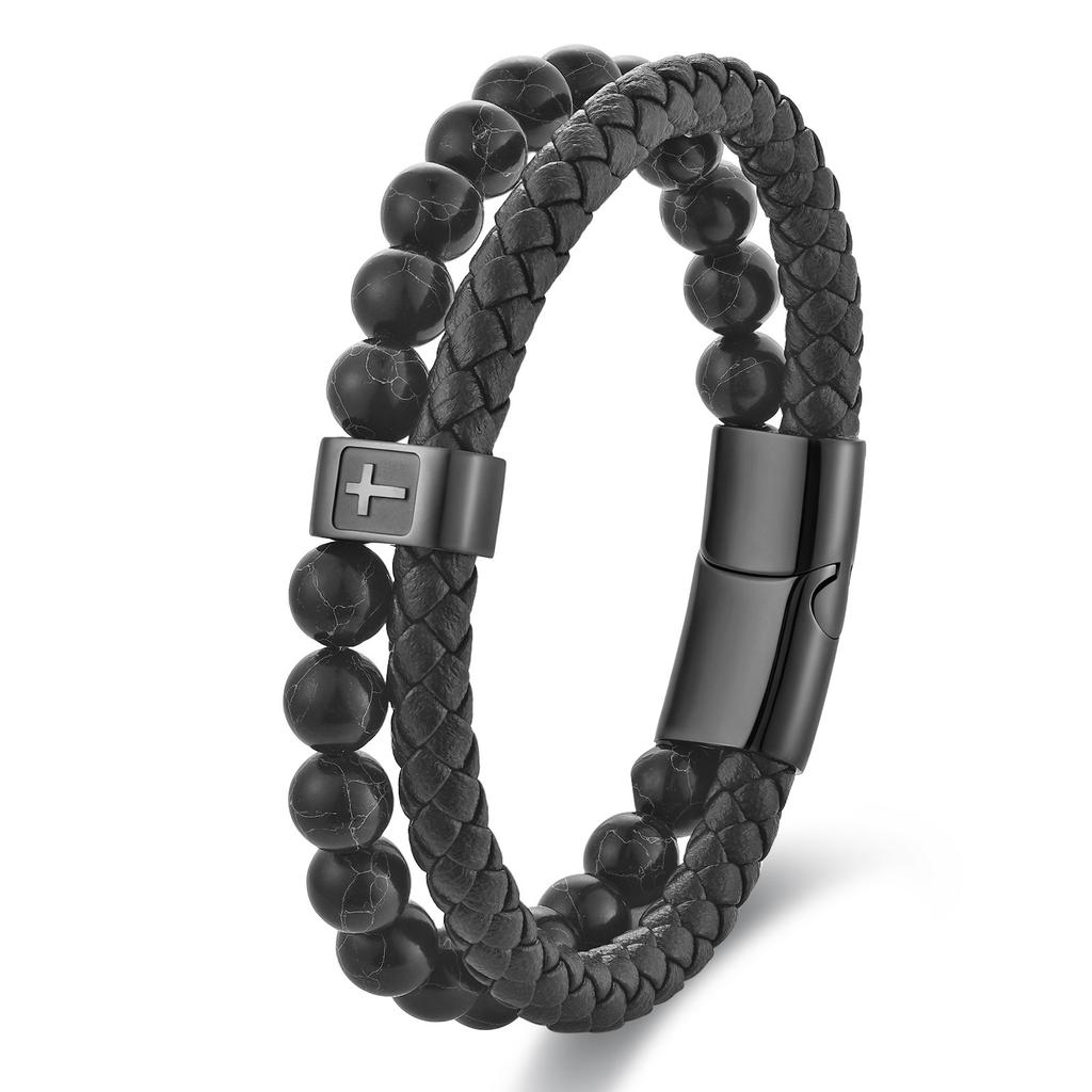 Black Leather Rope Natural Stone Men's Double Layer Leather Braided Bracelet Cross Multilayer Leather Bracelet