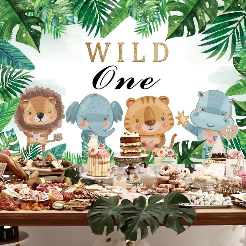 2D Watercolor Jungle Animals Backdrop for Baby Birthday Celebrations