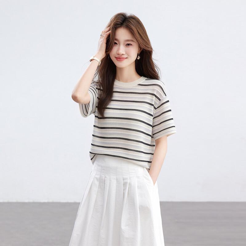 Women s Silk Blend Striped Knit Short Sleeve T-shirt L
