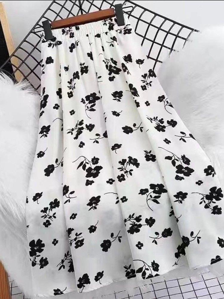 Schicker Retro-Midirock mit Orchideenblumenmuster und hoher Taille - Große Größen Sommer Damen Schlankmachender Halbrock