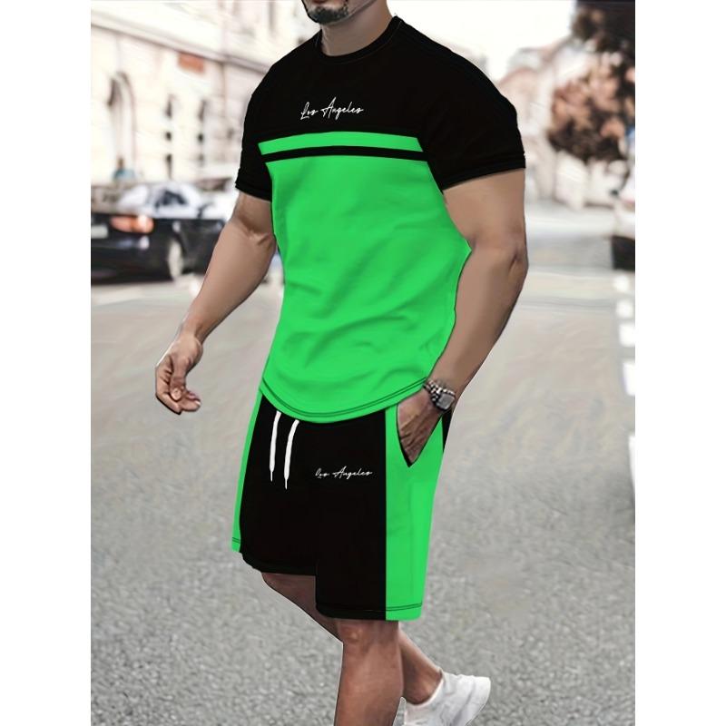 Summer Men's Fashionable Casual Set with Color Blocked Stripes, Letters, High-definition Patterns, Printed Short Sleeved T-shirt+shorts Two-piece Set