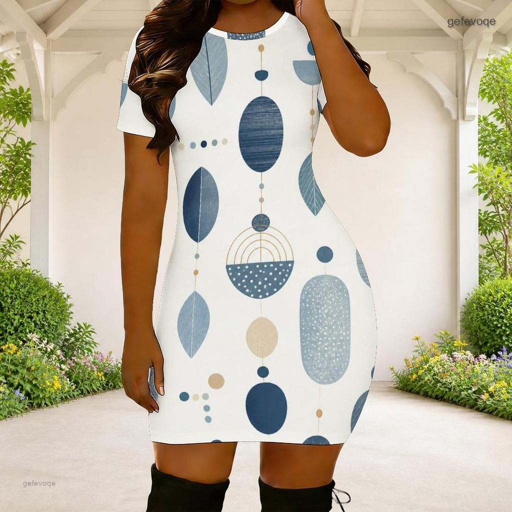 Women Plus Size Round Neck Short Sleeve Abstract Printed Fitted Mini Dress