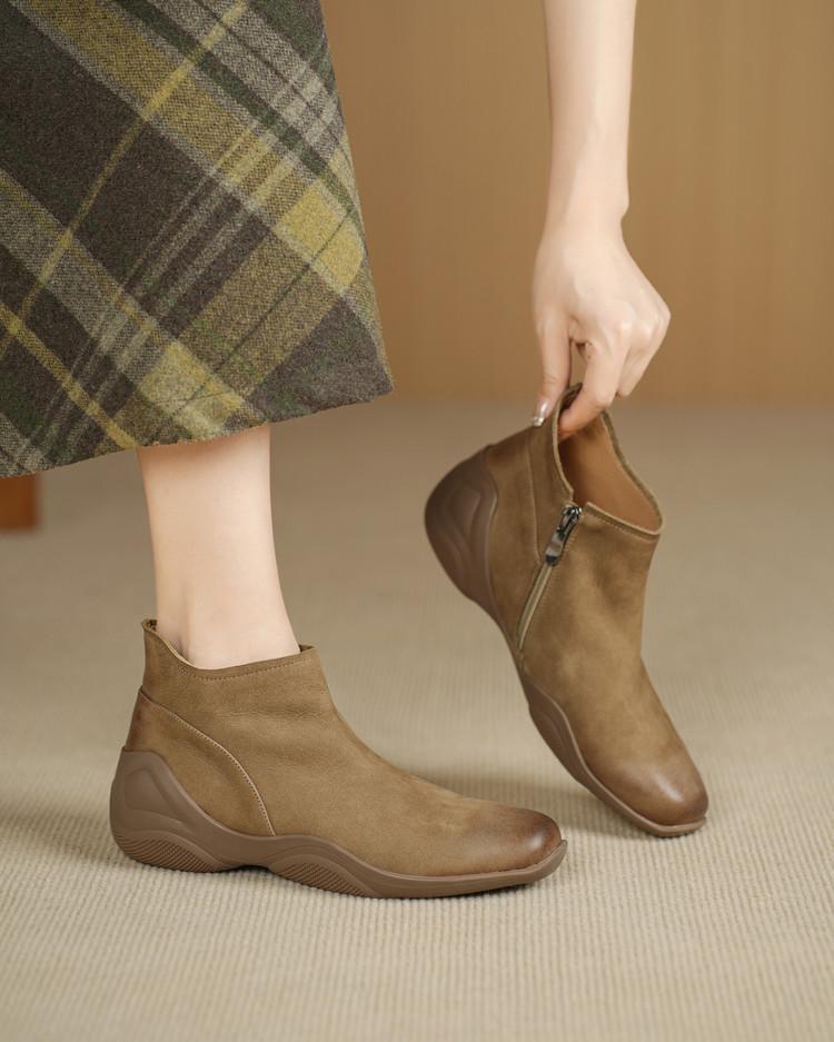 Retro Style Polished Square Head Thick-soled Martin Boots Women's 2025 New Leather Fashion Wedge and Ankle Boots Soft-soled Short Boots