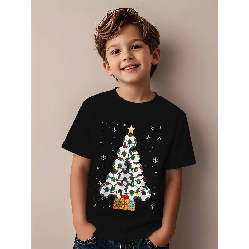 European sizes Christmas Football Themed Print T-Shirt for Boys , Featuring a Football Stacked into a Christmas Tree Shape 110 чёрный