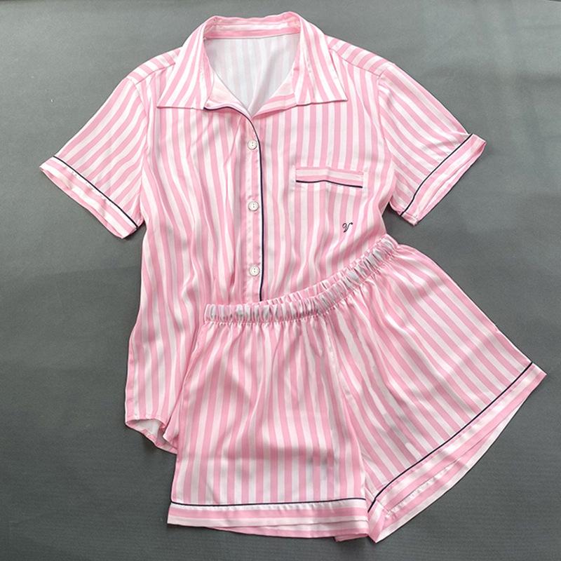 Women's Summer Pink Stripe Ice Silk Short Sleeve Pajama Set for Indoors and Outdoors