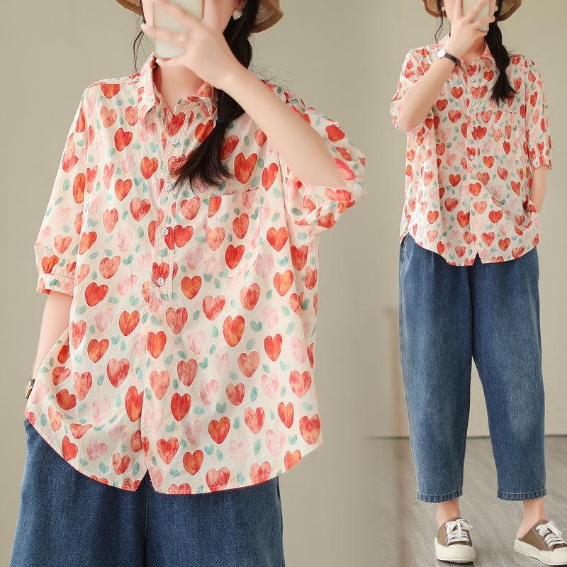 Summer Blouses Korean Commuter Arc Hemp Sweet Painted Love Short Sleeved Shirts Women's Clothing & AccessoriesTops