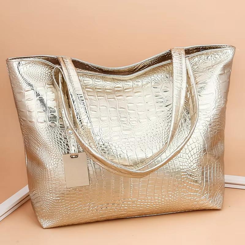 Bolso de Mano Grande Casual de Moda para Mujer, Bolso de Hombro Brillante Metálico con Relieve de Cocodrilo para Compras Diarias de Damas