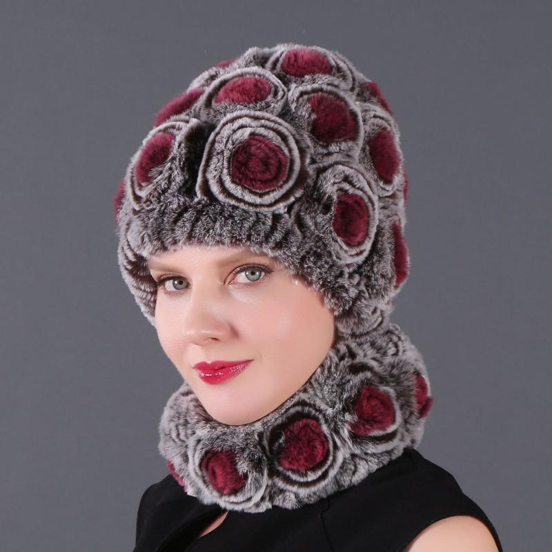 Rex Rabbit Rose Hat and Flower Scarf Set Specializing in the production of Rex Rabbit Scarf Hat Two-piece Adult Hat